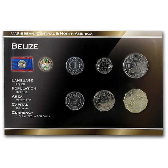 Belize 1 Cent-1 Dollar 6-Coin Set Unc Belize 1 Cent-1 Dollar 6-Coin Set Unc